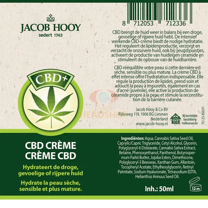 Crème au CBD (Jacob Hooy) 50mg
