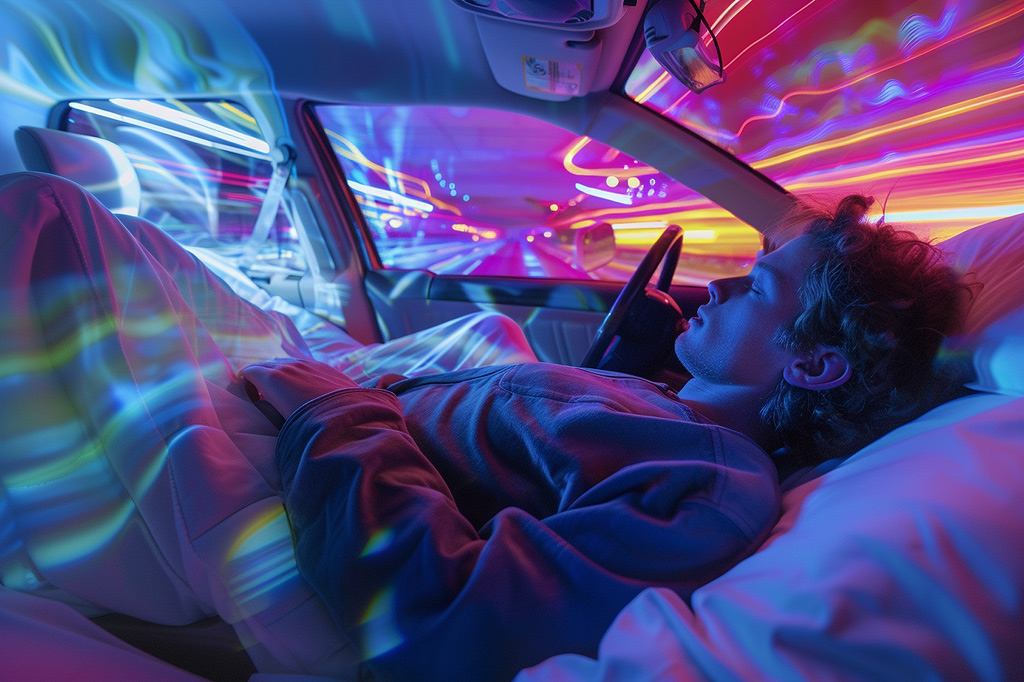 Personne dormant dans la voiture et vivant un rêve intense, à voir les couleurs illustratives.