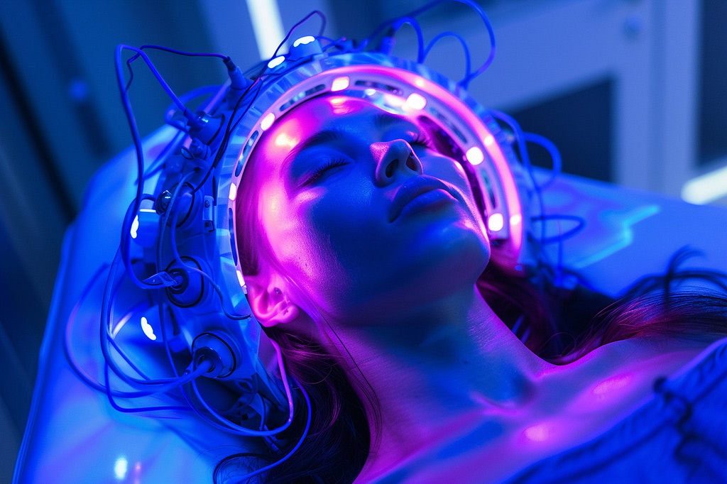 femme dormant dans une clinique du sommeil avec un appareil EEG avancé sur la tête.