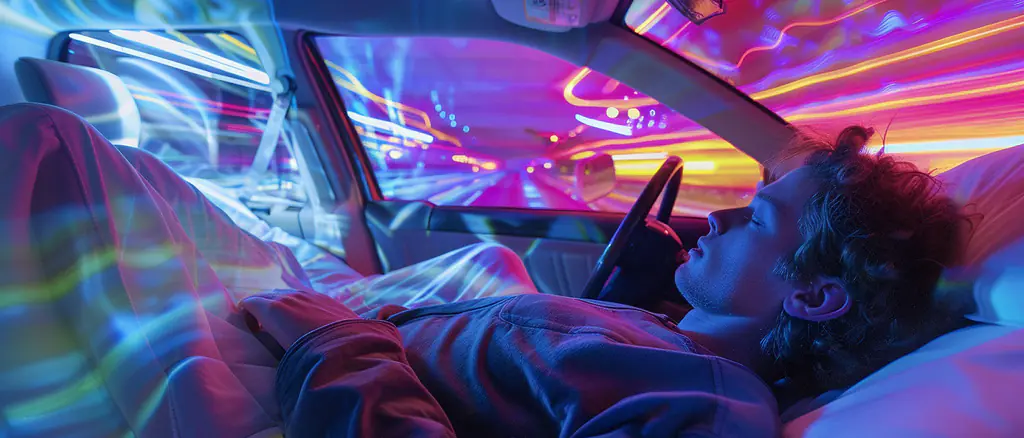 Personne dormant dans la voiture et vivant un rêve intense, à voir les couleurs illustratives.