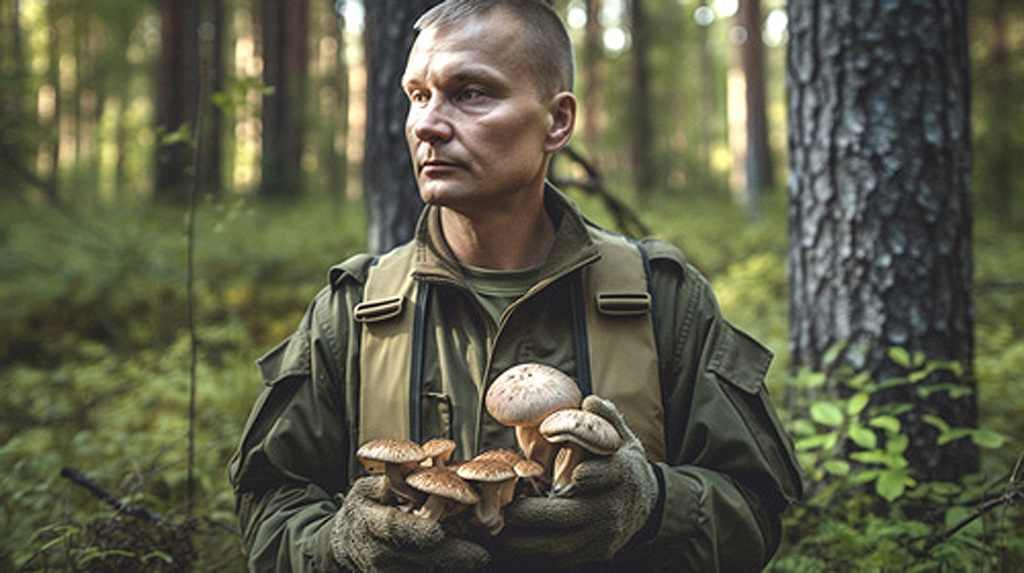 homme de guérilla récoltant des champignons dans la forêt