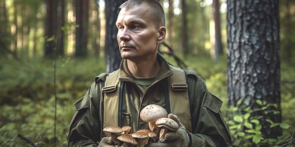 homme de guérilla récoltant des champignons dans la forêt