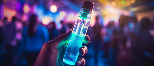 Bouteille avec un liquide bleu lors d'un festival