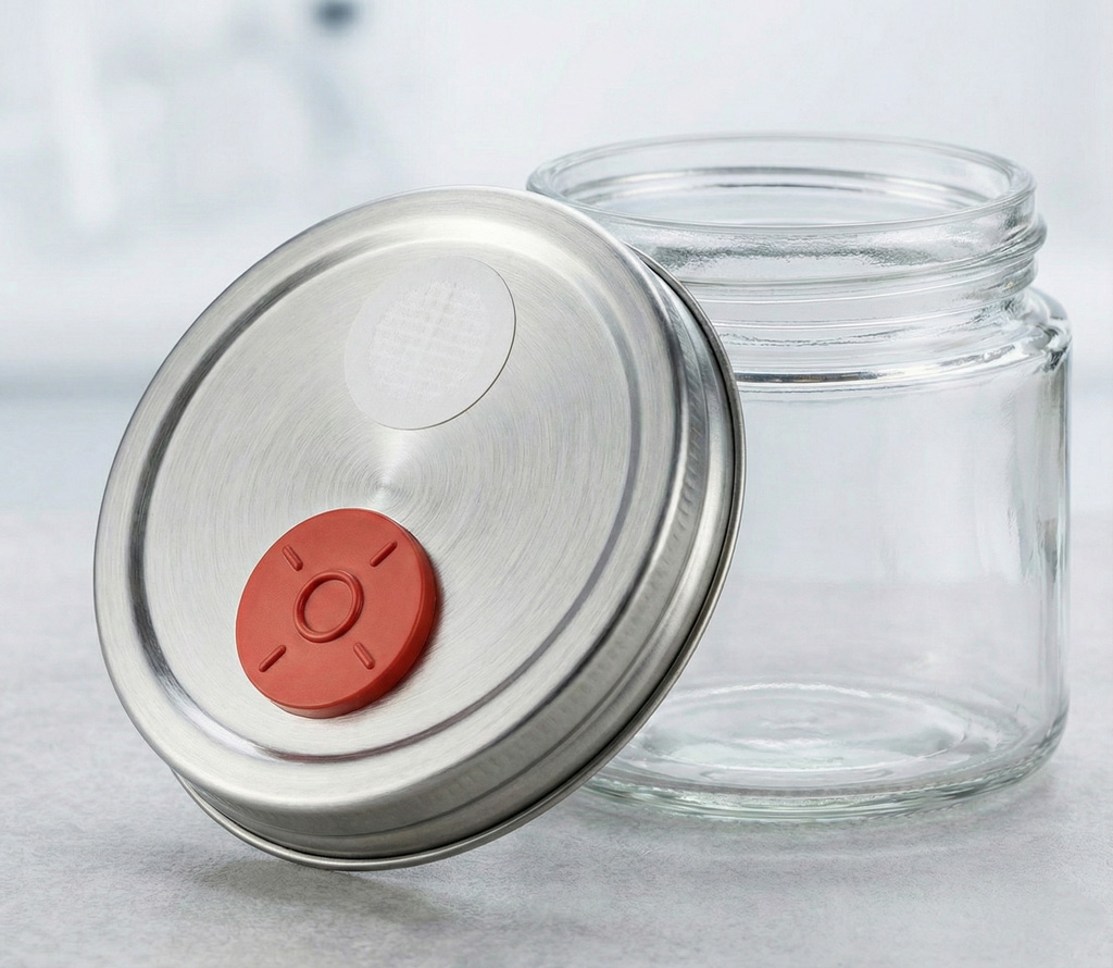 Un petit bocal en verre avec un couvercle metallique muni d'un port d'injection en caoutchouc et d'un autocollant filtrant pour la culture de champignons.